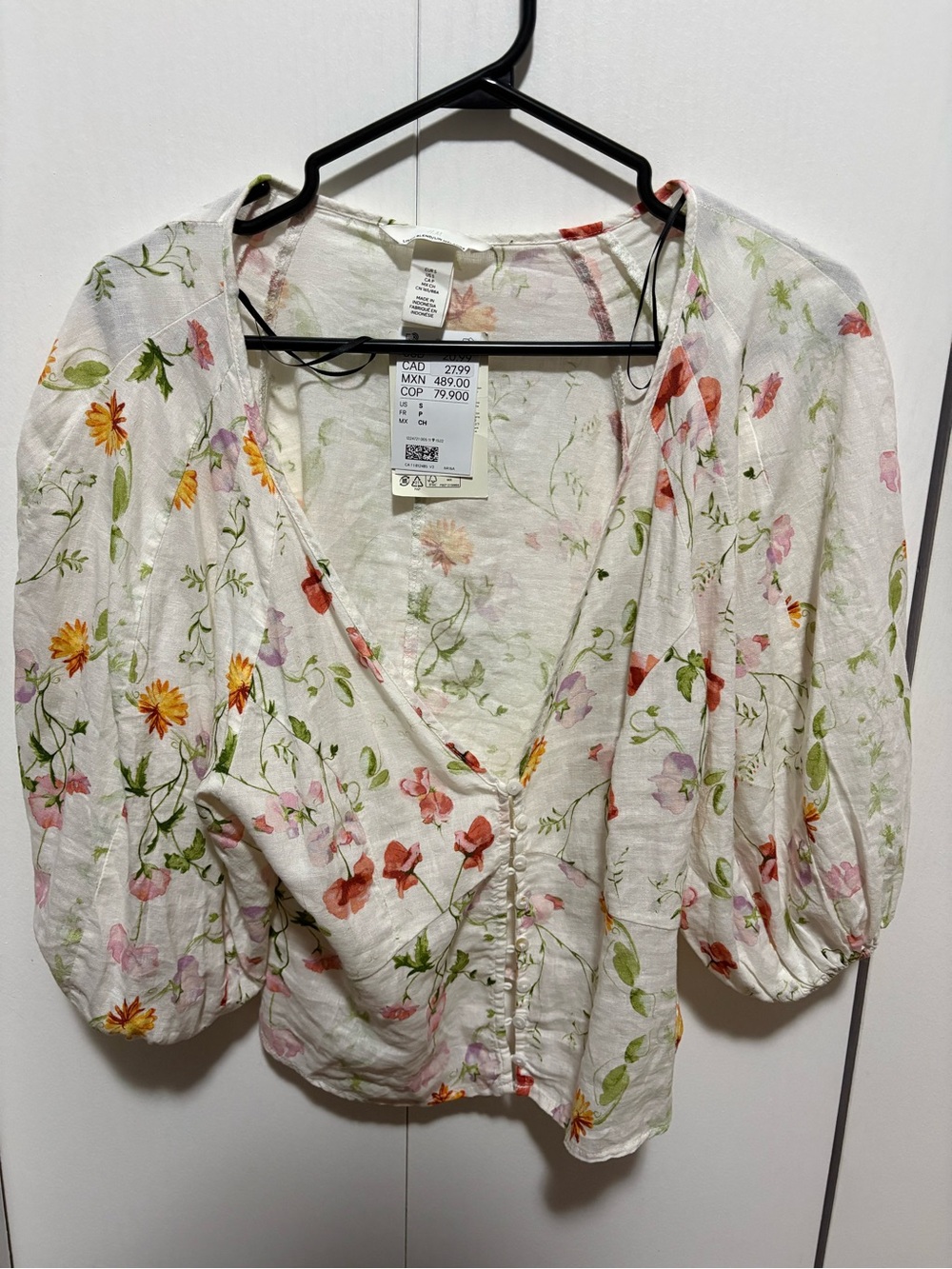 Floral Button-Front Puff Sleeve Top - White/Multicolor